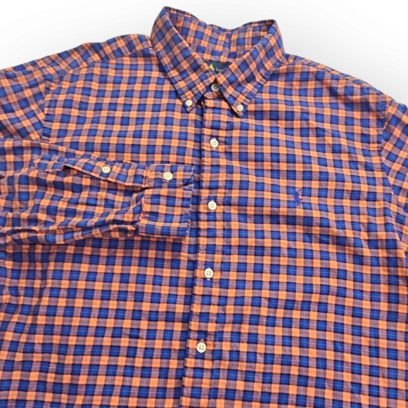 Ralph Lauren XL Blue Orange Plaid‎ Pony Logo Button Down Shirt - Picture 1 of 6